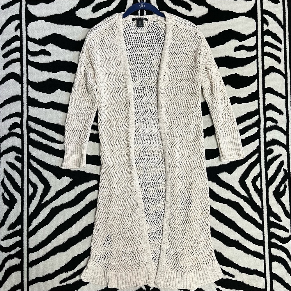 Tahari Loose Knit Open Weave Longline Cardigan Open Front Cotton Sweater